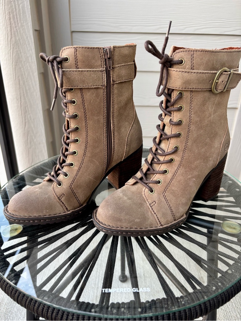 Born Cass Taupe Distressed Suede Lace Up Heeled Boots 6 NIB
